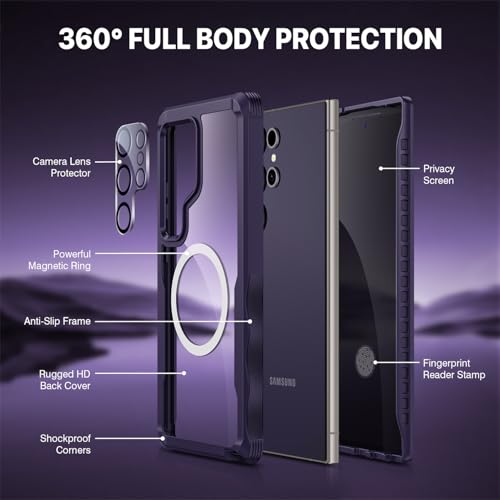 CENHUFO Magnetic Privacy for Samsung Galaxy S24 Ultra Case, Full Body Phone Case with Built-in Privacy Screen Protector and Camera Lens Cover, Anti Peep Shockproof Protective Clear Bumper - Purple - Image 3
