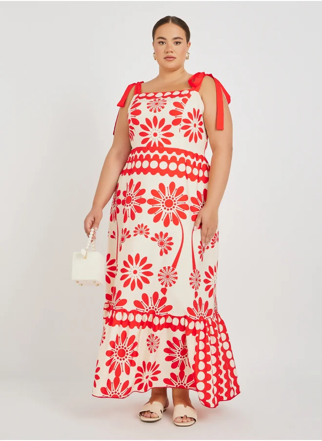 ستايلي Styli Plus Size Printed Strappy A-Line Maxi Dress
