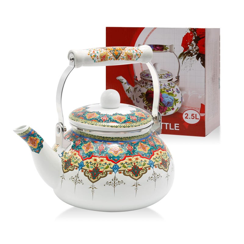 Anxingo Colorful Water Tea KettleTea Kettle Pot for Stove Top Porcelain Large Enamel Tea Kettle 25LRetro Classic Design style3 - Image 2