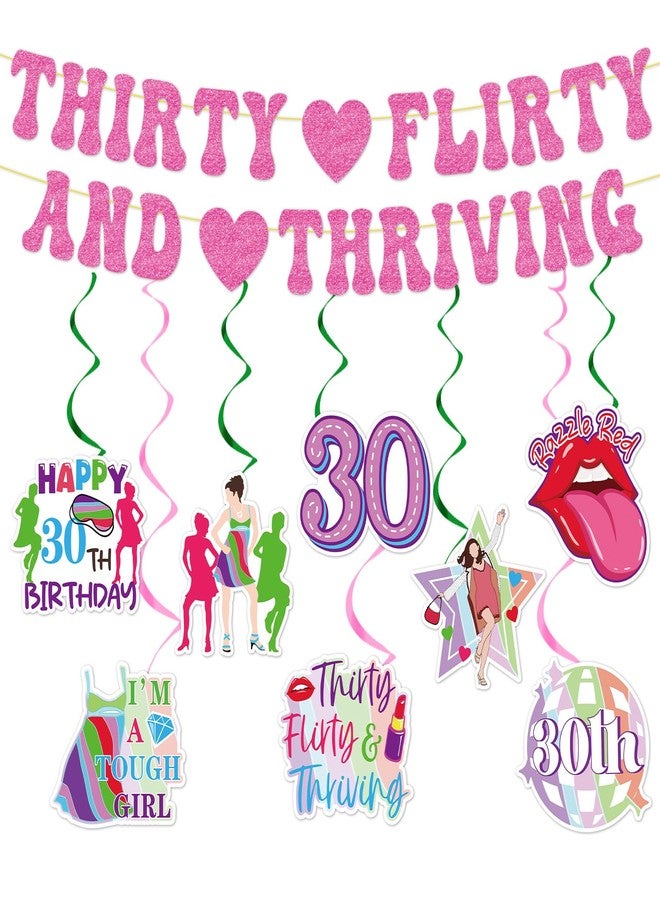 Aposwow Thirty Flirty and Thriving Decorations - 10PCS 30 Flirty and Thriving Banners with Hanging Swirls Birthday Decoration Talk 30 to Me Bday Decor Supplies for 30th Women - Image 1