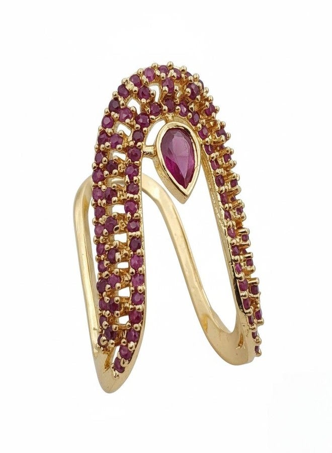NKR GOLD Elegant Gold-Plated Double Band Ruby Stone Ring for Women | Unique Designer Finger Ring with Teardrop Gem & Dual Band Design - Image 1