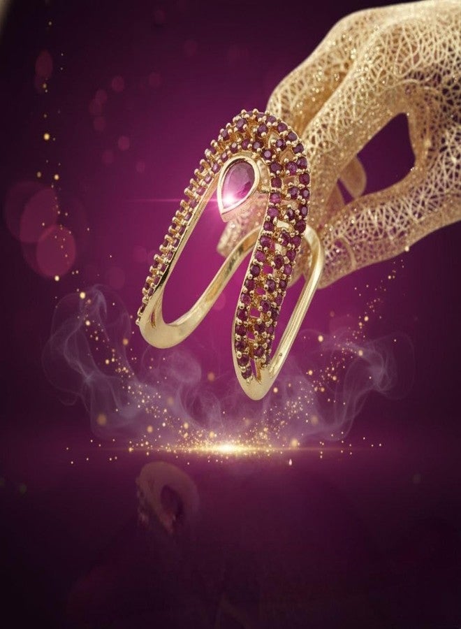 NKR GOLD Elegant Gold-Plated Double Band Ruby Stone Ring for Women | Unique Designer Finger Ring with Teardrop Gem & Dual Band Design - Image 2