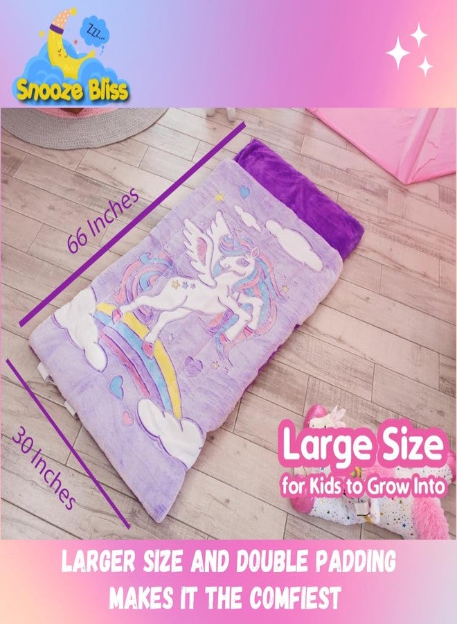 Snooze Bliss كيس نوم للأطفال بتصميم يونيكورن - أكياس نوم مضيئة في الظلام، هدية رائعة للبنات. مثالي لحفلات المبيت والتخييم، وفرش نوم ناعم للأطفال في مرحلة ما قبل المدرسة، مع جيب للوسادة، وإضاءة تدوم لأكثر من 8 ساعات. - Image 2