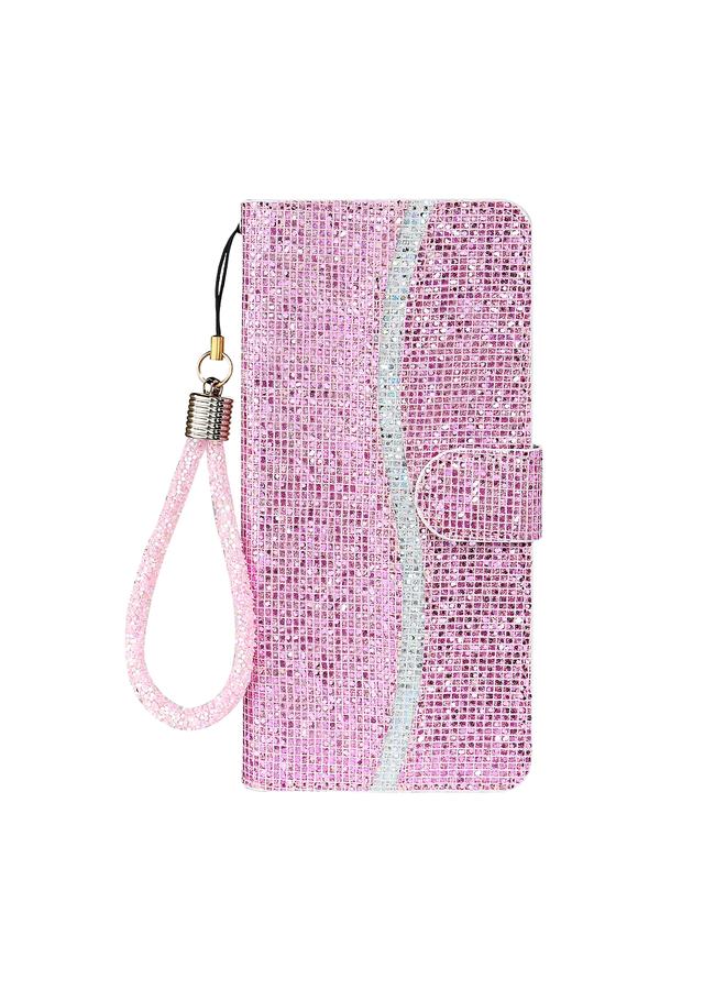 زبون جراب لهاتف iPhone 13 Pro Max، جراب جلدي أفقي قابل للطي بلون بودرة لامع مع فتحات للبطاقات وحامل وحبل - Image 2