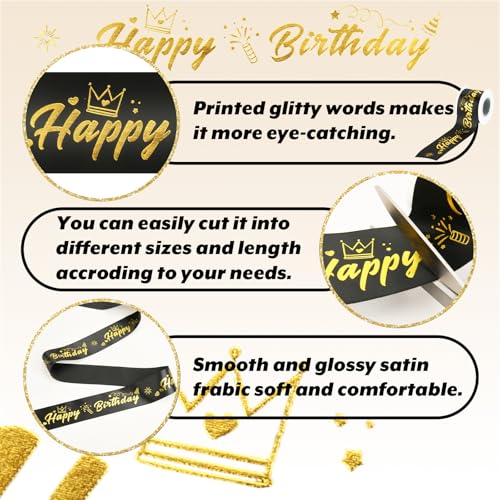 Homakover Happy Birthday Ribbon Birthday Decorations Gift Box Wrapping, Glitter Black Satin Ribbon for Crafts, Banner Making and Cake Decor, 2 Inch x 10 Yards - Image 4