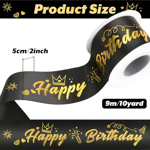 Homakover Happy Birthday Ribbon Birthday Decorations Gift Box Wrapping, Glitter Black Satin Ribbon for Crafts, Banner Making and Cake Decor, 2 Inch x 10 Yards - Image 3