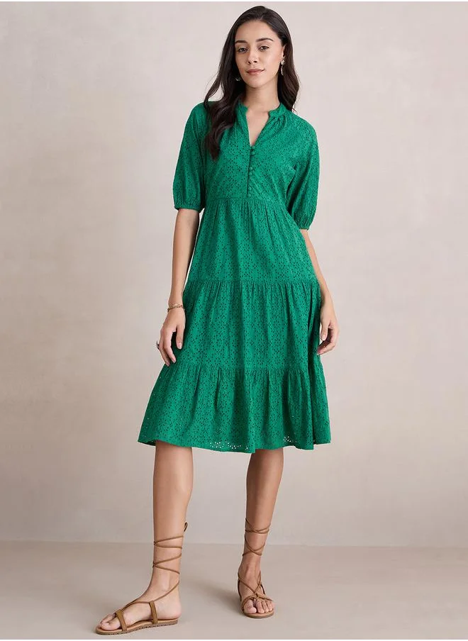 فيميلا Cotton Schiffli Button Loop Tiered Midi Dress by Styli