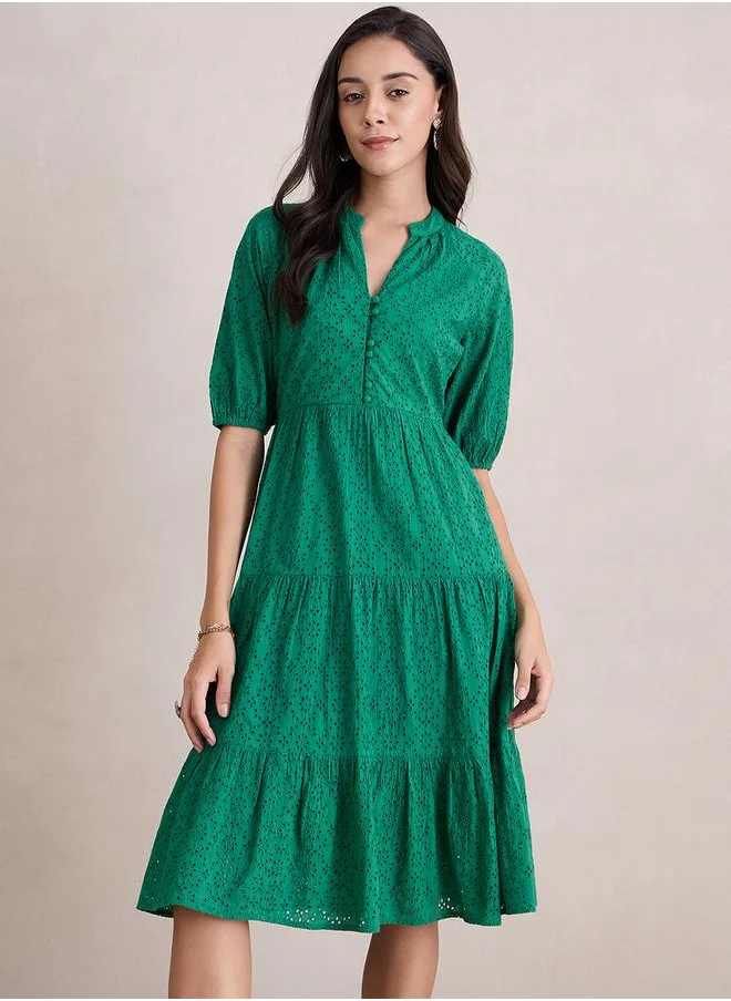 فيميلا Cotton Schiffli Button Loop Tiered Midi Dress by Styli