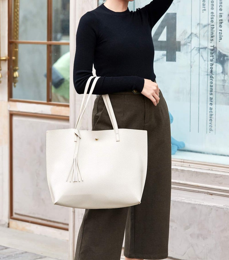Dreubea Women's Soft Faux Leather Tote Shoulder Bag from, Big Capacity Tassel Handbag Beige - Image 3