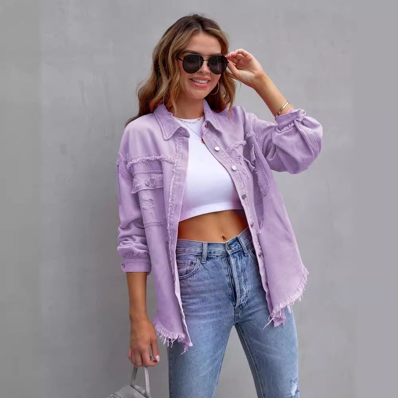 2023 Export Sweet Fashion Lapel Long-Sleeved Ripped Washed Denim Jacket For Women - Image 4