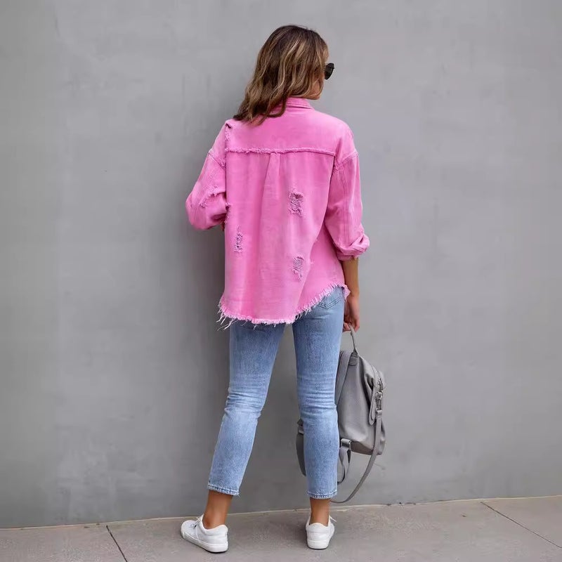 2023 Export Sweet Fashion Lapel Long-Sleeved Ripped Washed Denim Jacket For Women - Image 3