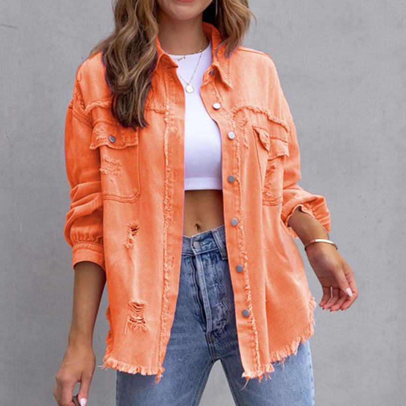 2023 Export Sweet Fashion Lapel Long-Sleeved Ripped Washed Denim Jacket For Women - Image 2