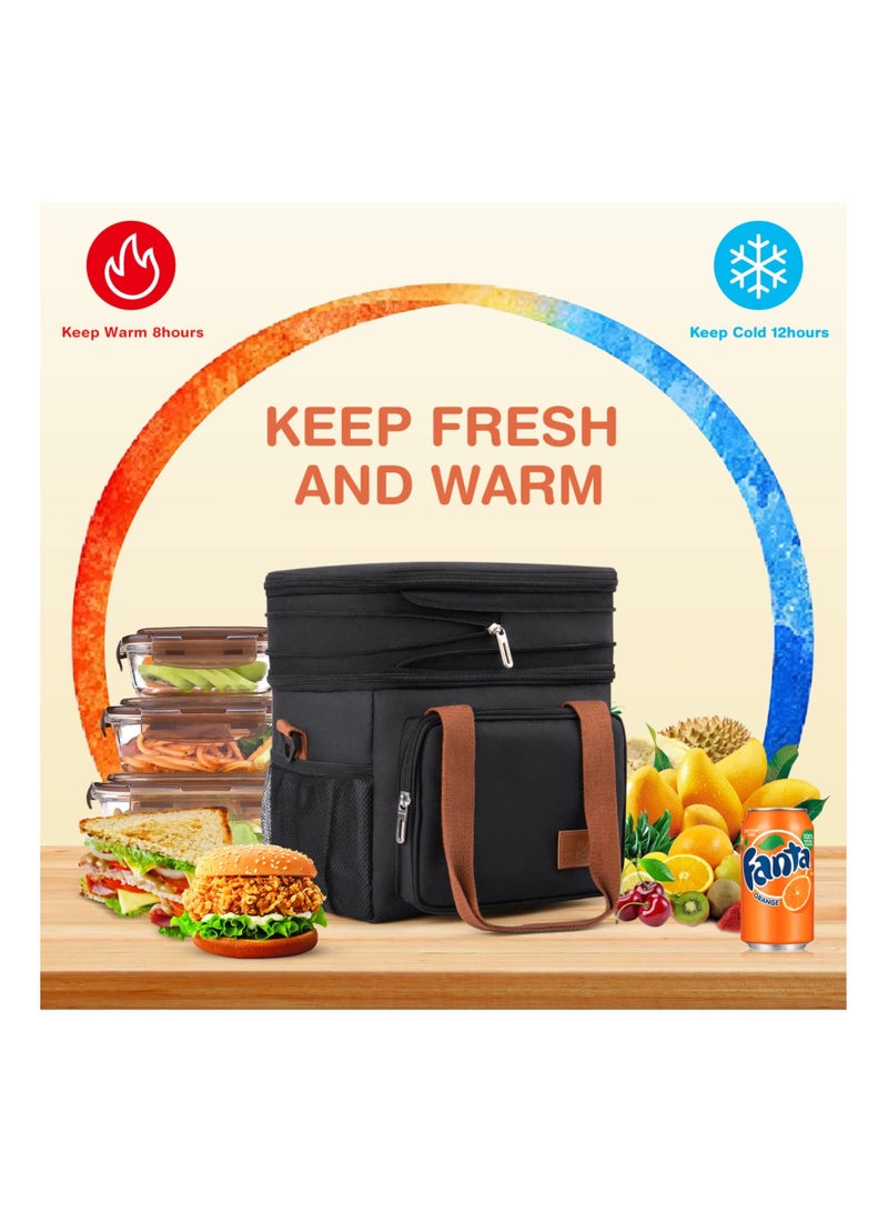 XiuWoo 17L Insulated Lunch Box, Expandable Double Deck Bag Lightweight Leakproof Tote Large Capacity Cooler Travel-friendly Box for Work Travel Black - Image 3