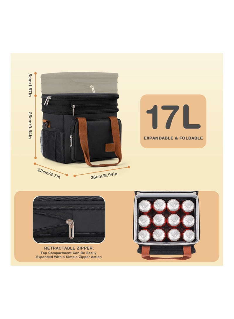 XiuWoo 17L Insulated Lunch Box, Expandable Double Deck Bag Lightweight Leakproof Tote Large Capacity Cooler Travel-friendly Box for Work Travel Black - Image 2