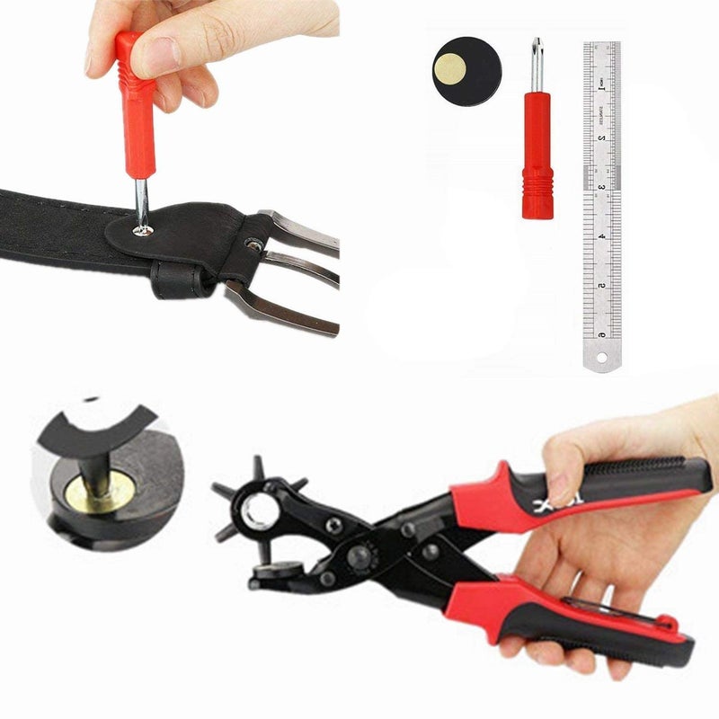 Professional Leather Hole Punch Pliers, 6 Sizes 3.5-8mm, with Ruler and Awl Tool, Red and Black - Image 2