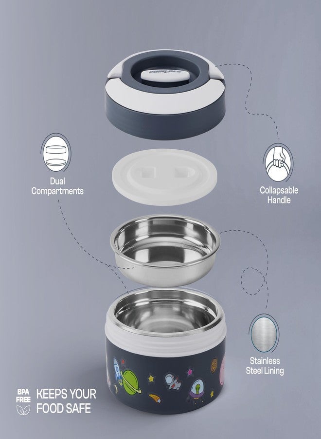 Pinnacle Prime Insulated Tiffin Box & Pixel Insulated Water Bottle Combo for Kids (400ml Each)| Dual Compartment Lunch Box & Stainless Steel Inner Bottle |Ideal for School,Picnic & Gift (Galaxy Grey) - Image 4