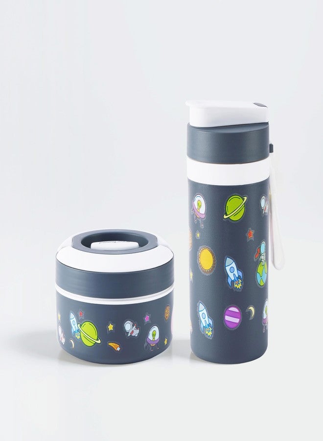 Pinnacle Prime Insulated Tiffin Box & Pixel Insulated Water Bottle Combo for Kids (400ml Each)| Dual Compartment Lunch Box & Stainless Steel Inner Bottle |Ideal for School,Picnic & Gift (Galaxy Grey) - Image 1