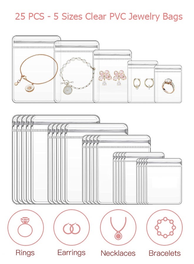 Wffo 25 Pcs 5 Sizes Clear PVC Jewelry Bags - Plastic Transparent Jewelry Rings Earrings Packing Storage Pouch Anti Tarnish Zip Lock Bags for Holding Jewelries (Clear/5 Szies Mixed)