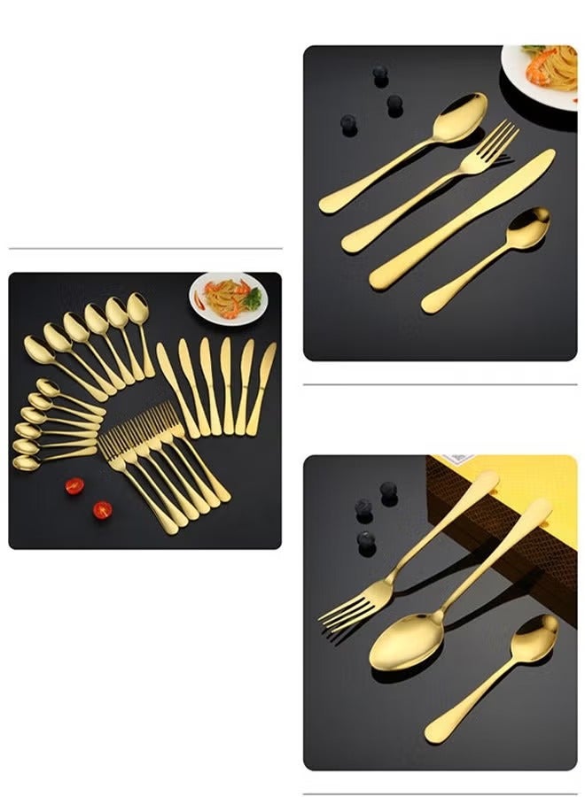 سعيد مجموعة أدوات مائدة من الفولاذ المقاوم للصدأ مكونة من 24 قطعة، مجموعة أدوات مطبخ ذهبية، مجموعة أدوات مائدة للمنزل والمطبخ والمطعم والفندق والتجمعات والنزهات وتناول الطعام باللون الذهبي - Image 2