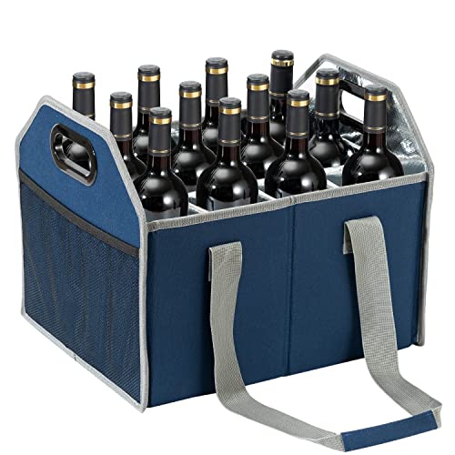 LUILANC Collapsible 12 Bottle Storage Box Reusable Portable Wine Carrier Case for Tote Bag Moving, Vacation Bottle Caddy Grocery Shopping Accessory (Blue) - Image 2