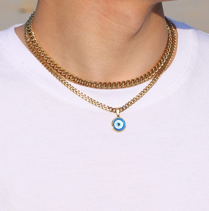 RS Layered Evil Eye Necklaces for Men Boys Layering Stainless Steel Blue Third Pendant Chain Necklace Jewelry Gifts Him Son Teen Teenage Gold - Image 2