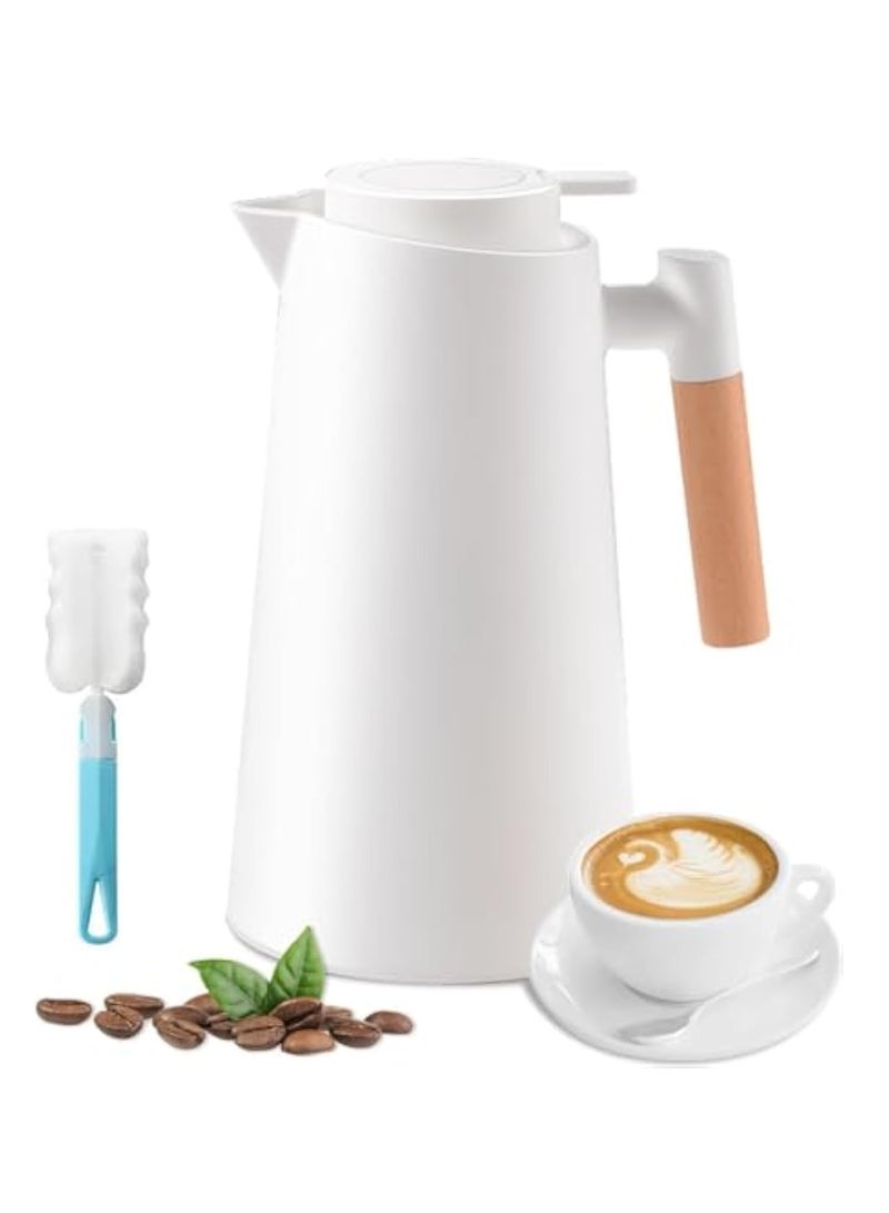 YelaJoy 1L Double Walled Vacuum Thermos Coffee Pots With Sponge Brush,Thermal Coffee Carafe Glass Liner, Plastic Shell, Thermal insulation 24 Hours, for Hot or cold Coffee,Tea and Water, White - Image 1