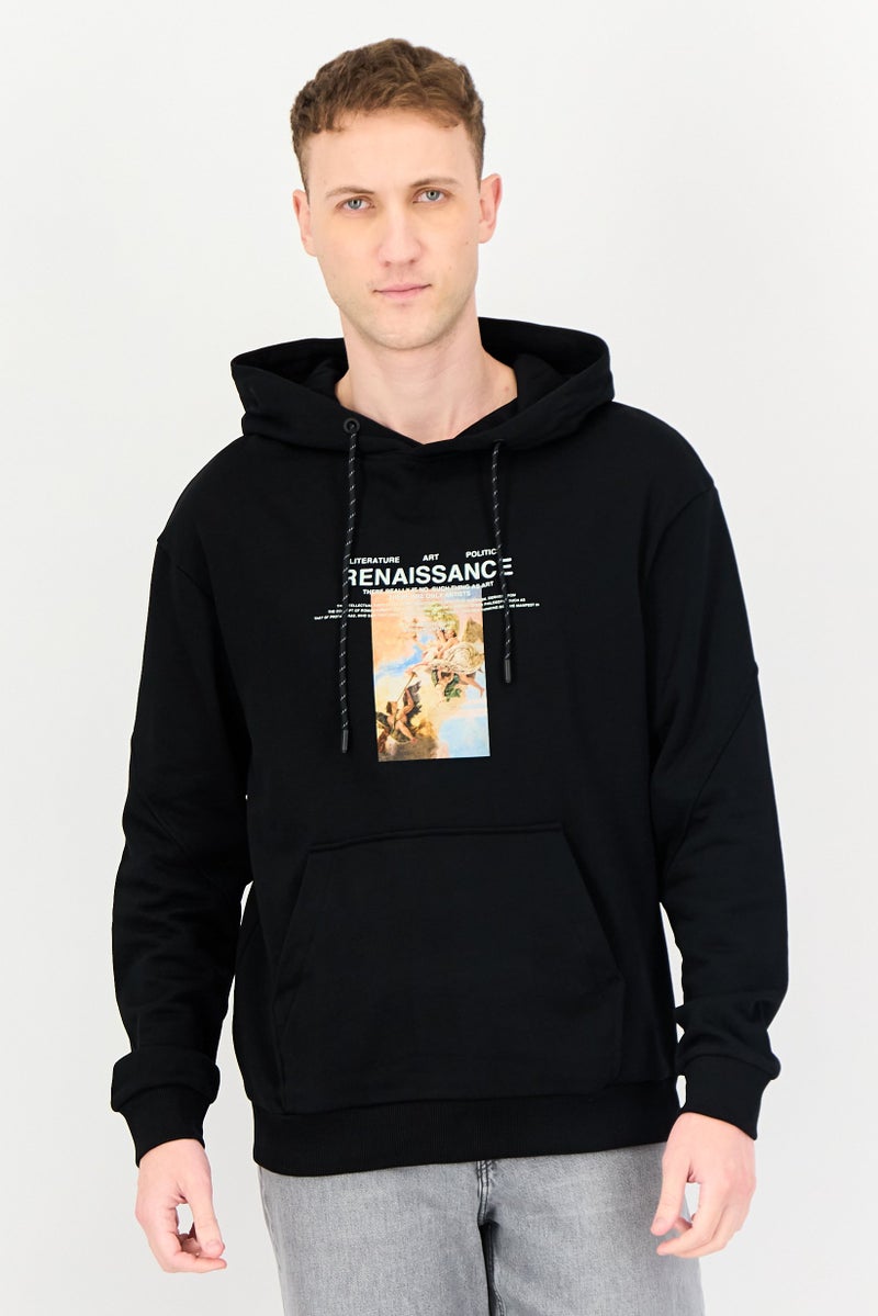 SELECTED Men Graphic Print Long Sleeve Hoodie, Black - Image 1