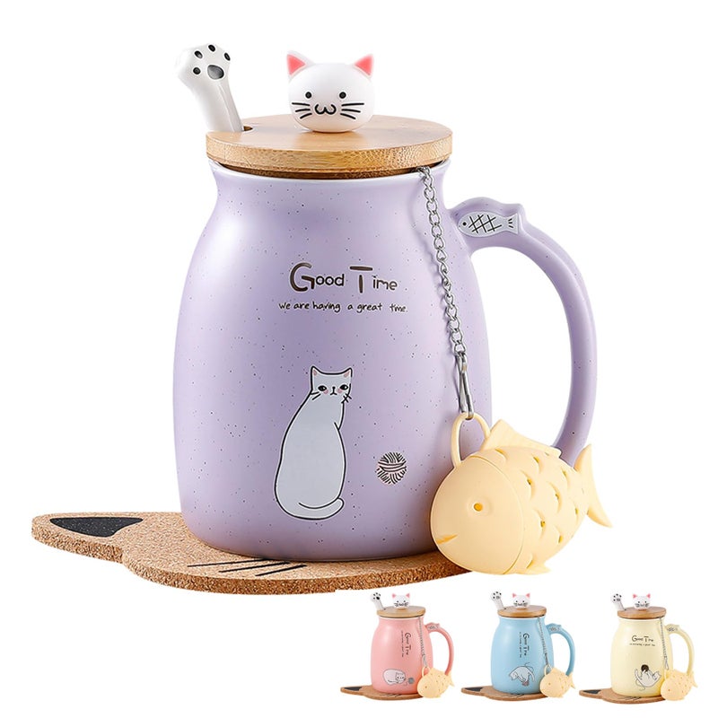 Cat Mug Cute Ceramic Coffee Cup with Lovely Kitty lid Stainless Steel SpoonNovelty Morning Cup Tea Milk Cat Coffee Mug Coffee Gifts Christmas Birthday Gifts For Women Gifts Purple Cat Lovers Presents
