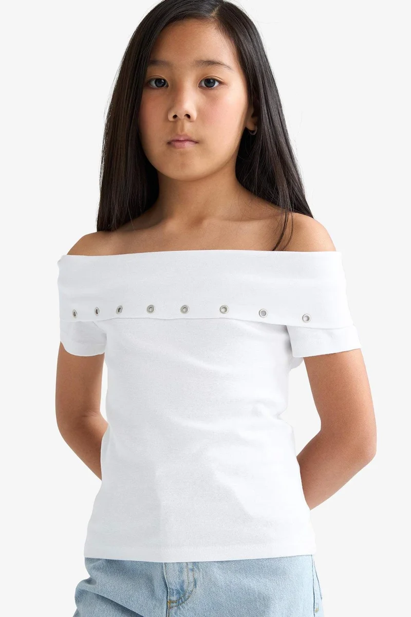 DeFacto Girl Slim Fit Open Shoulder Printed Ribbed T-Shirt