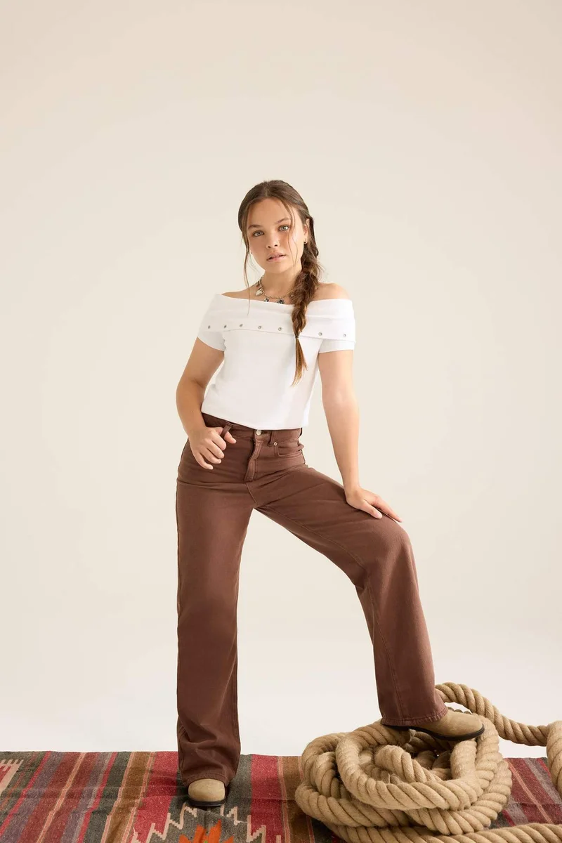 DeFacto Girl Slim Fit Open Shoulder Printed Ribbed T-Shirt