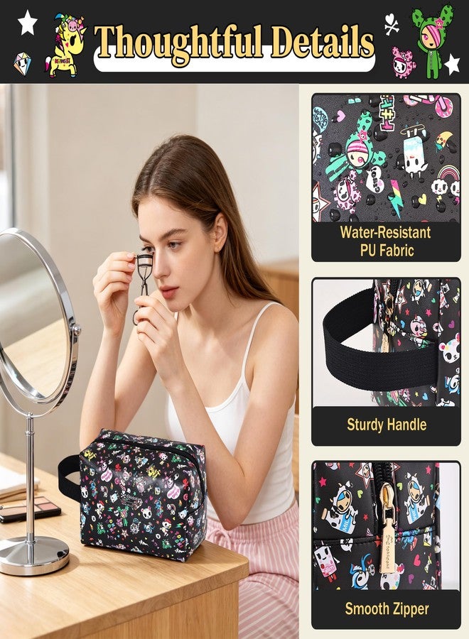 tokidoki Makeup Bag Travel Cosmetics Pouch Unicorno Toiletry Bag PU Zipper Pouch Purse Cute Make Up Organizer Storage for Women (Makeup-Black-S) - Image 4