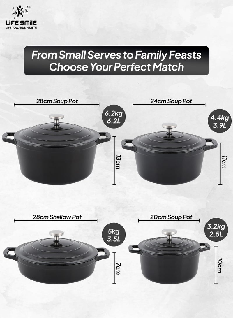 Life Smile 8pcs Enameled Cast Iron Cookware Set –20cm Casserole with lid ,24cm Casserole with lid,28cm Casserole with lid & 28cm Shallow Pot with lid, Induction Bottom & Oven Safe Cookwares - Image 3