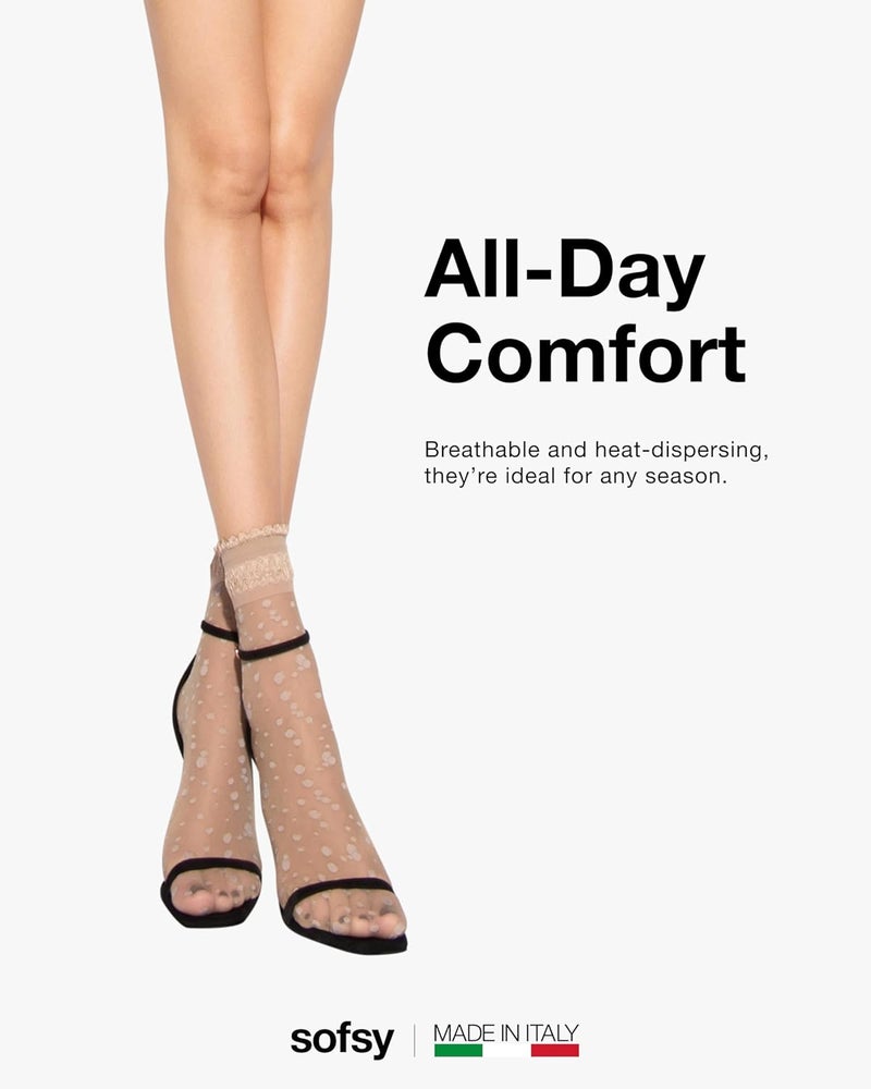 sofsy Italian Dotted Socks Collection (Ankle & Knee High) 20 Den Sheer Patterned Stockings with Ruffled Lace, Geometric Cuffs - Image 4