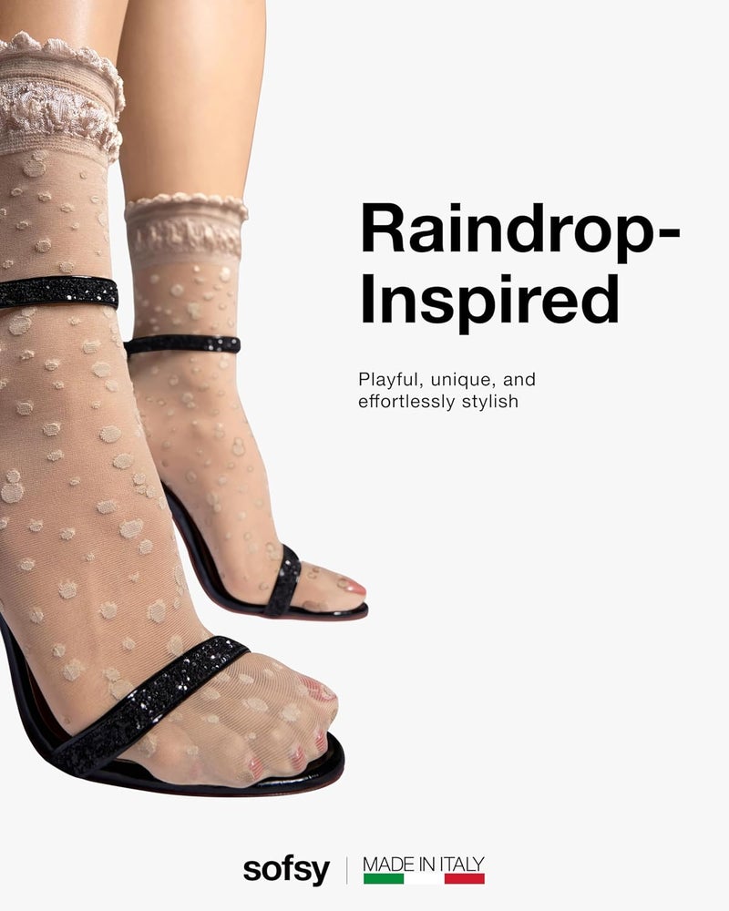 sofsy Italian Dotted Socks Collection (Ankle & Knee High) 20 Den Sheer Patterned Stockings with Ruffled Lace, Geometric Cuffs - Image 3