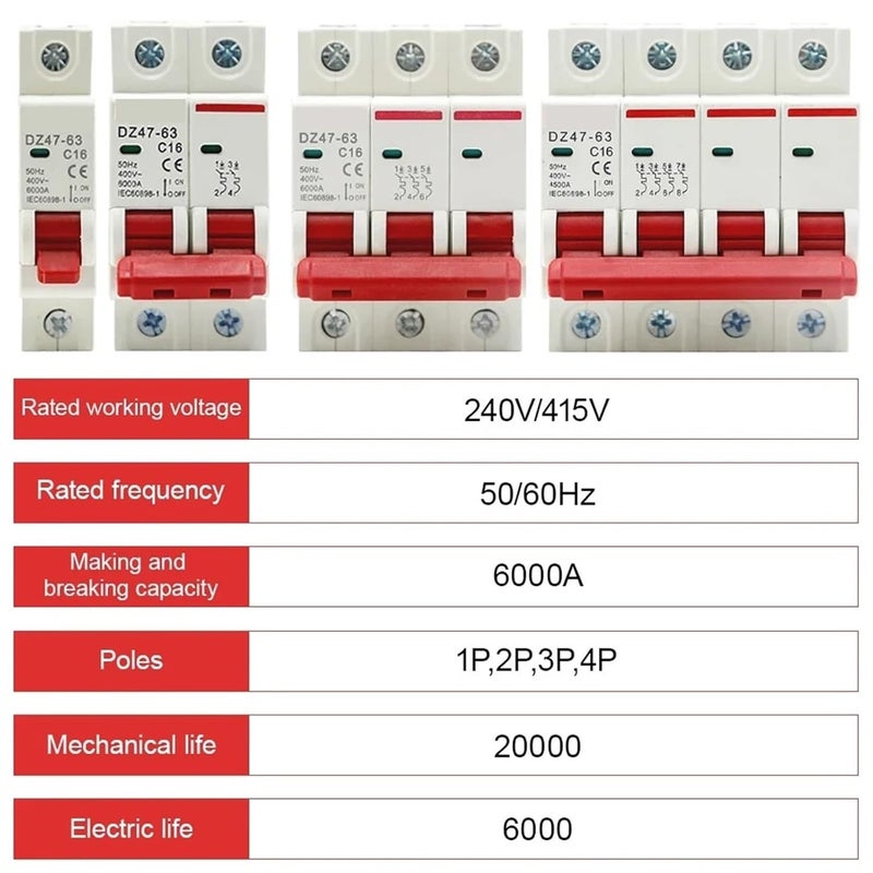 2P 50A DZ47 C Type Mini Circuit Breaker MCB 400V 6KA Breaking Capacity Din Rail Mount - Image 3