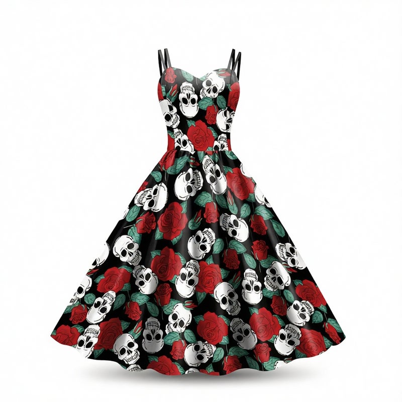 Women's Skeleton Print Strap Dress, Halloween Digital Print Bodycon Dress - Image 1