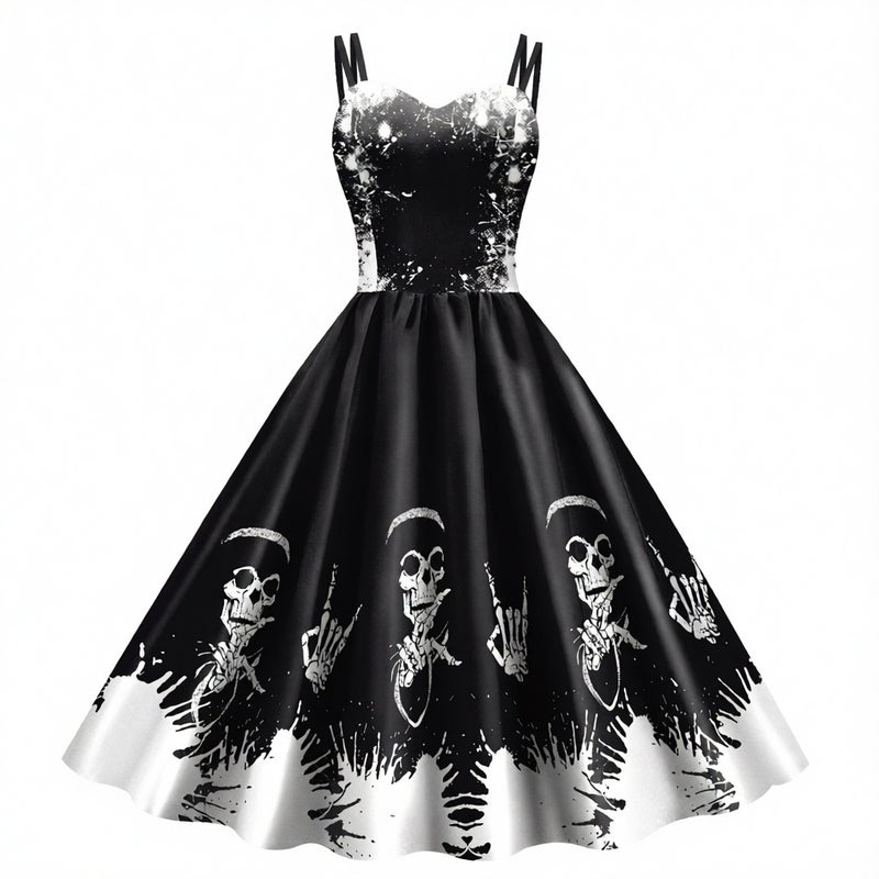 Women's Skeleton Print Strap Dress, Halloween Digital Print Bodycon Dress - Image 2