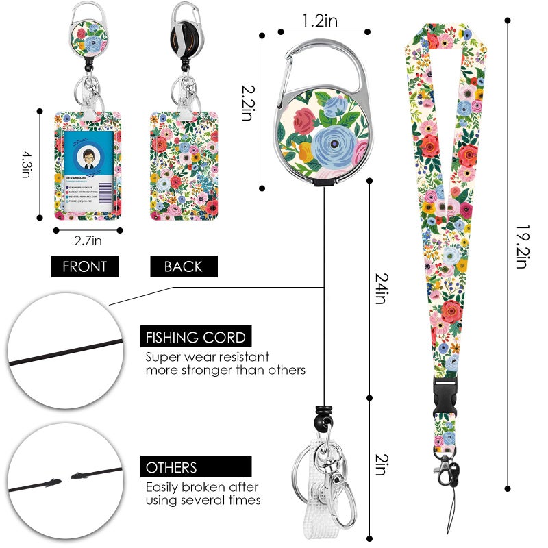 Vorruil Lanyards ID Badge, Colorful Flower ID Badge Holder with Retractable Reel Clip and Keychain, Vertical Heavy Duty Identity Badge Cover Case Protector for Teacher Nurse Women Man - Image 2