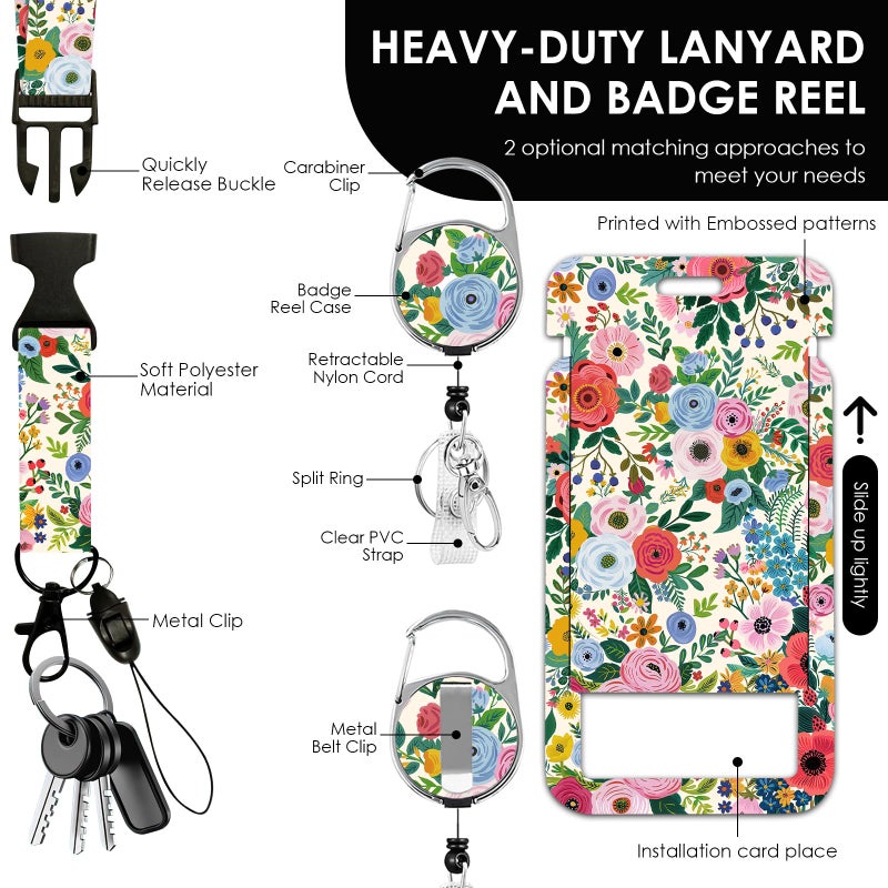 Vorruil Lanyards ID Badge, Colorful Flower ID Badge Holder with Retractable Reel Clip and Keychain, Vertical Heavy Duty Identity Badge Cover Case Protector for Teacher Nurse Women Man - Image 3