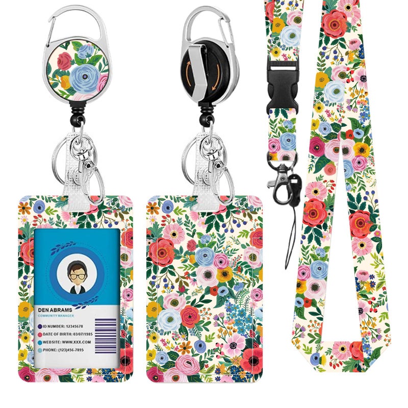 Vorruil Lanyards ID Badge, Colorful Flower ID Badge Holder with Retractable Reel Clip and Keychain, Vertical Heavy Duty Identity Badge Cover Case Protector for Teacher Nurse Women Man - Image 1