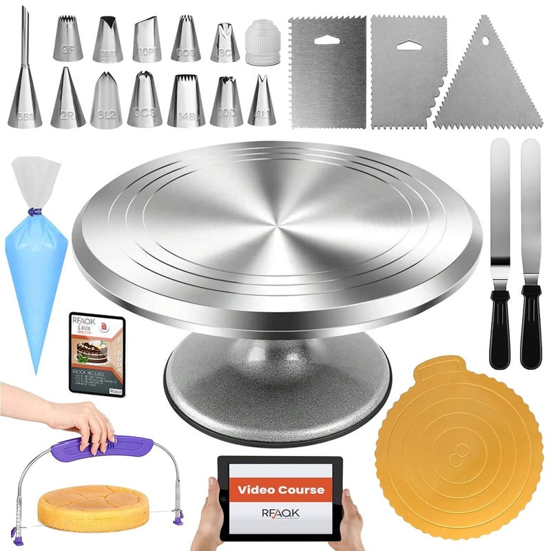 RFAQK 50PCs Cake Decorating Supplies Kit with 12 Aluminum Rotating Cake Turntable Stand Professional Leveler Straight Offset Spatulas 12 Numbered Icing Tips Bags