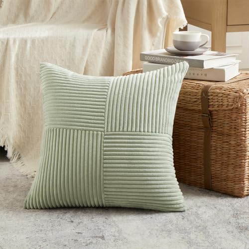 Fancy Homi 2 Packs Sage Green Decorative Throw Pillow Covers 20x20 Inch for Living Room Couch Bed Sofa Farmhouse Boho Home Decor Soft Corss Corduroy Patchwork Accent Square Cushion Case 50x50 cm - Image 3