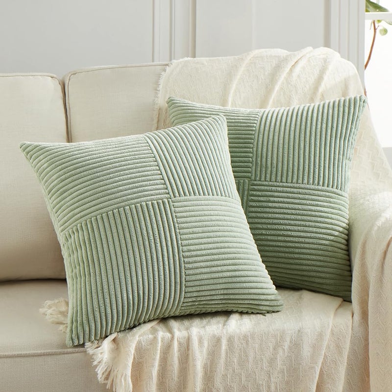 Fancy Homi 2 Packs Sage Green Decorative Throw Pillow Covers 20x20 Inch for Living Room Couch Bed Sofa Farmhouse Boho Home Decor Soft Corss Corduroy Patchwork Accent Square Cushion Case 50x50 cm - Image 2