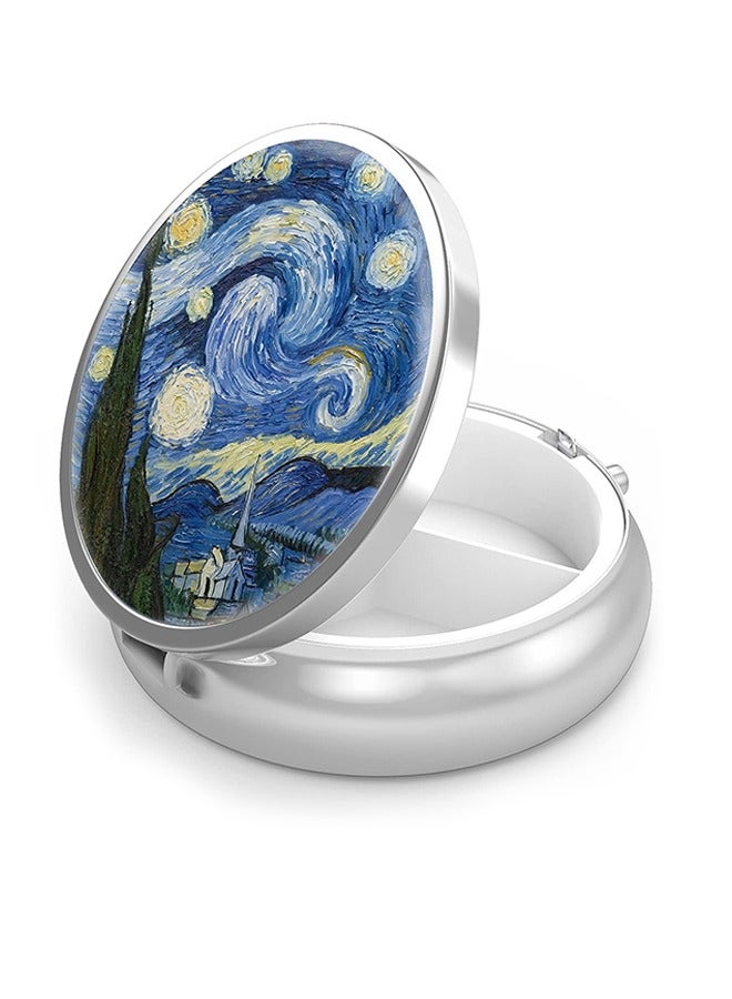 Van Gogh Starry Night Travel Small Pill Case, Daily Tiny Medicine Box Container 3 Compartment Medicine Organizer, Retro Decorative Travel Medicine Kit (Blue) - Image 1