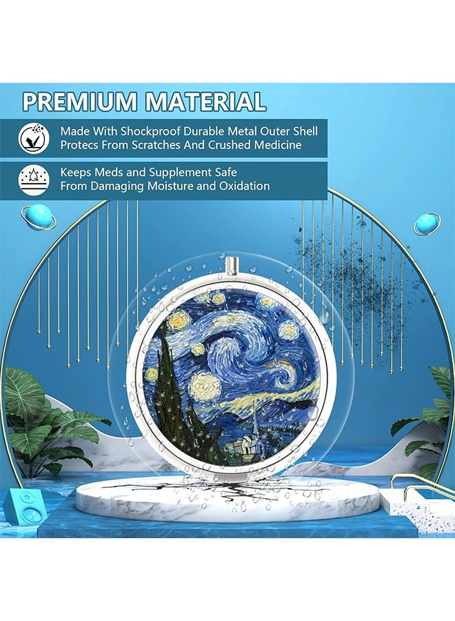 Van Gogh Starry Night Travel Small Pill Case, Daily Tiny Medicine Box Container 3 Compartment Medicine Organizer, Retro Decorative Travel Medicine Kit (Blue) - Image 3