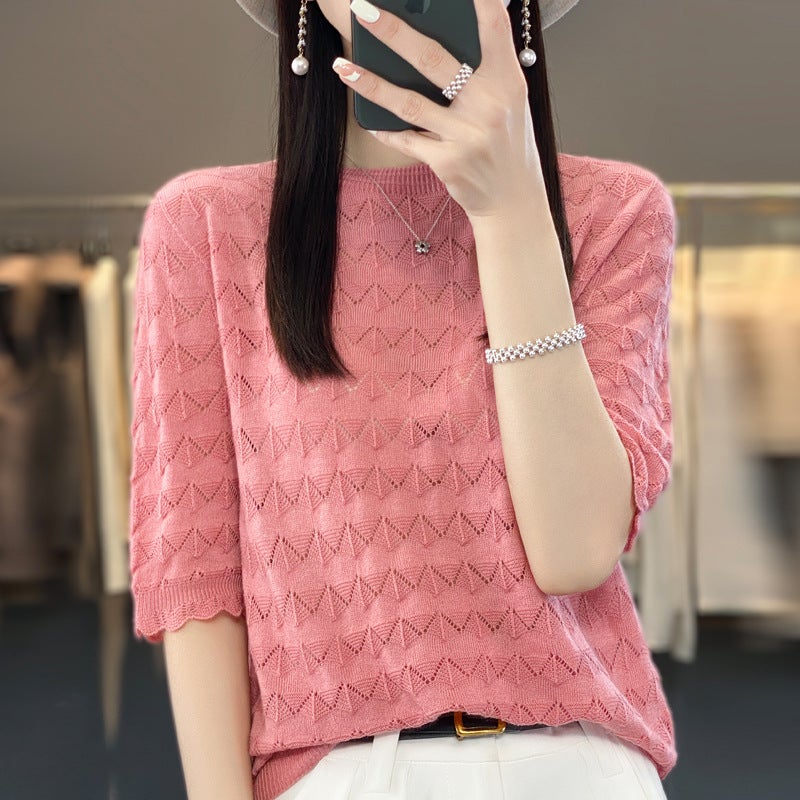 Z-Line Ready-To-Wear Fine Wool Short-Sleeve T-Shirt For Women, New Summer Style, Round Neck, Hollow-Out, Thin Top, Stylish Base Shirt - Image 1