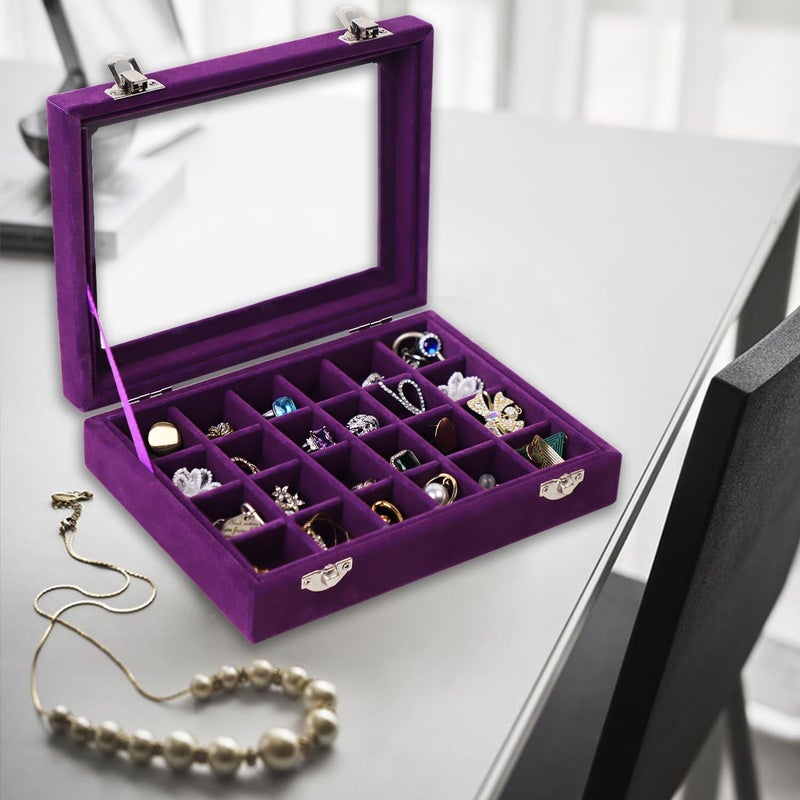 EONGOA Velvet Jewelry Box 24 Grid Jewelry Earrings Display Organiser Box Ring Tray Holder Earrings Storage Case for Girls Women Wife Mom (Purple) - Image 3