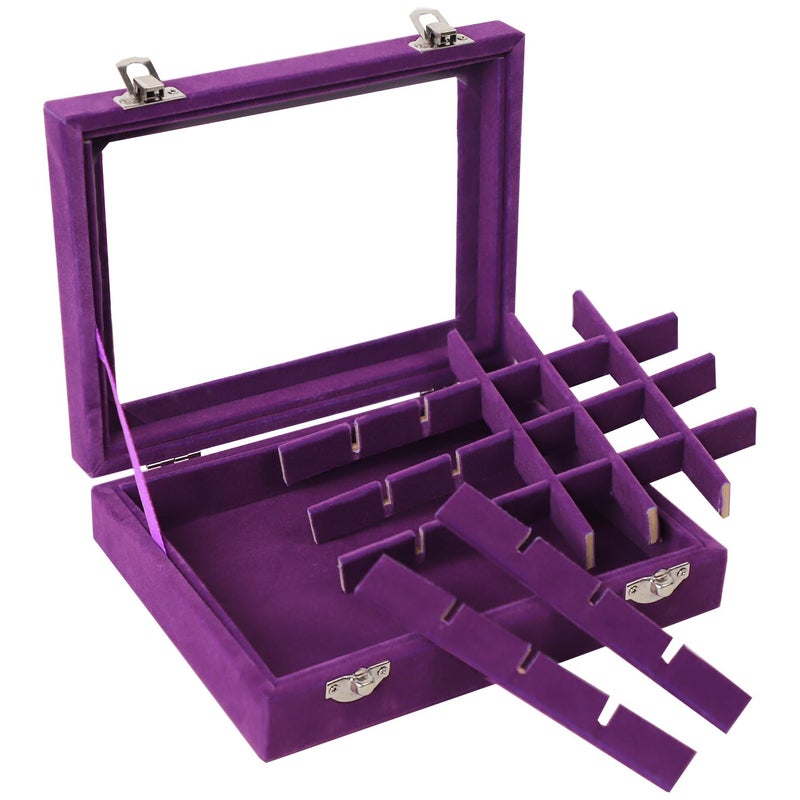 EONGOA Velvet Jewelry Box 24 Grid Jewelry Earrings Display Organiser Box Ring Tray Holder Earrings Storage Case for Girls Women Wife Mom (Purple) - Image 5