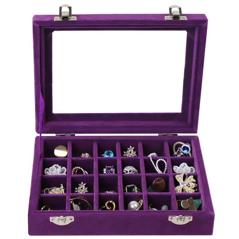 EONGOA Velvet Jewelry Box 24 Grid Jewelry Earrings Display Organiser Box Ring Tray Holder Earrings Storage Case for Girls Women Wife Mom (Purple) - Image 1