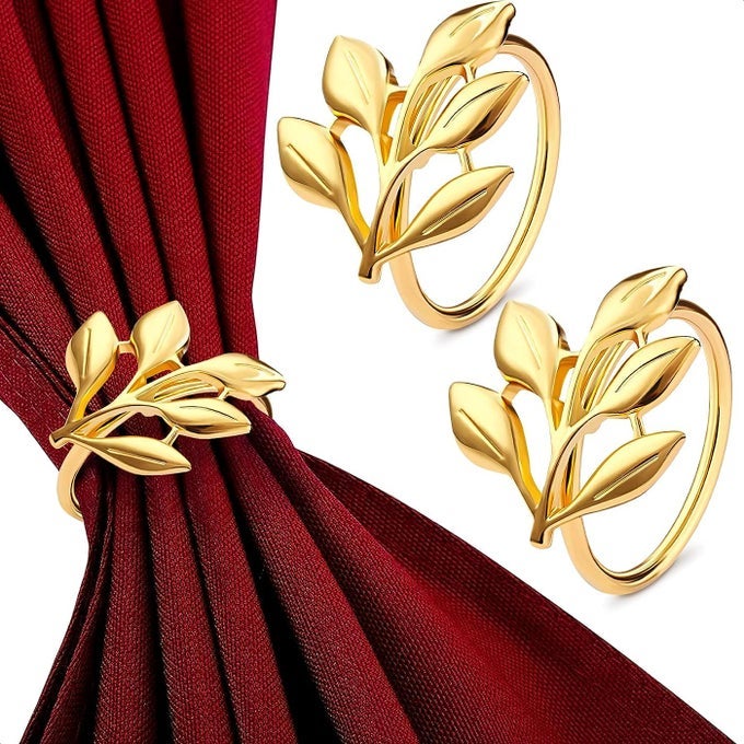 GOLD NAPKIN RINGS SET OF 20 DURABLE METAL NAPKIN RINGS EASY TO CLEAN FITS VARIOUS NAPKIN STYLES ELEGANT LEAF DESIGN FOR DINNER PARTIES LARGE GATHERINGS SPECIAL EVENTS DINING TABLE DECOR
